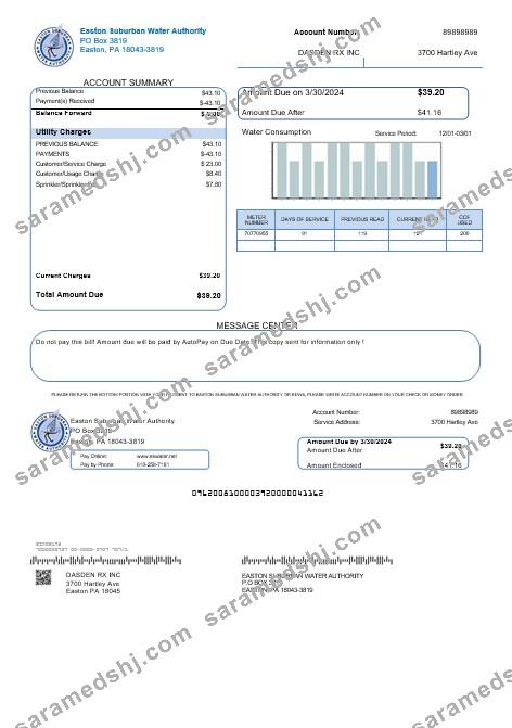 USA Eastern Suburban Water Authority business utility bill template in Word and PDF formats